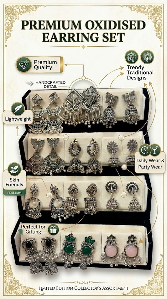 12 Pairs Artificial Earrings Combo Box for Women | Stylish Party, Wedding & Daily Wear Earrings Set