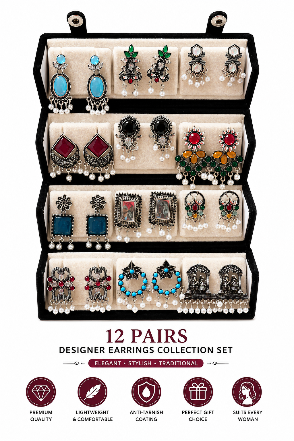 EliteKartz Premium 12 Pairs Oxidised Earrings Set for Women & Girls | Traditional Designer Studs & Drop Earrings Combo Pack | Antique Silver Plated Fashion Jewellery Collection