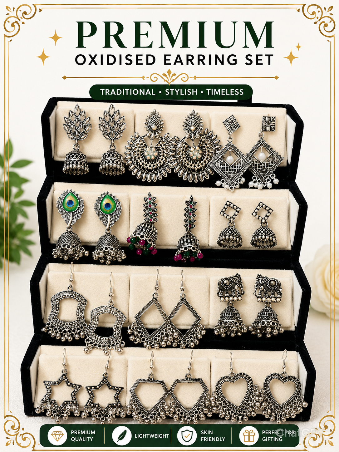 12 Pairs Artificial Earrings Combo Box for Women | Stylish Party, Wedding & Daily Wear Earrings Set