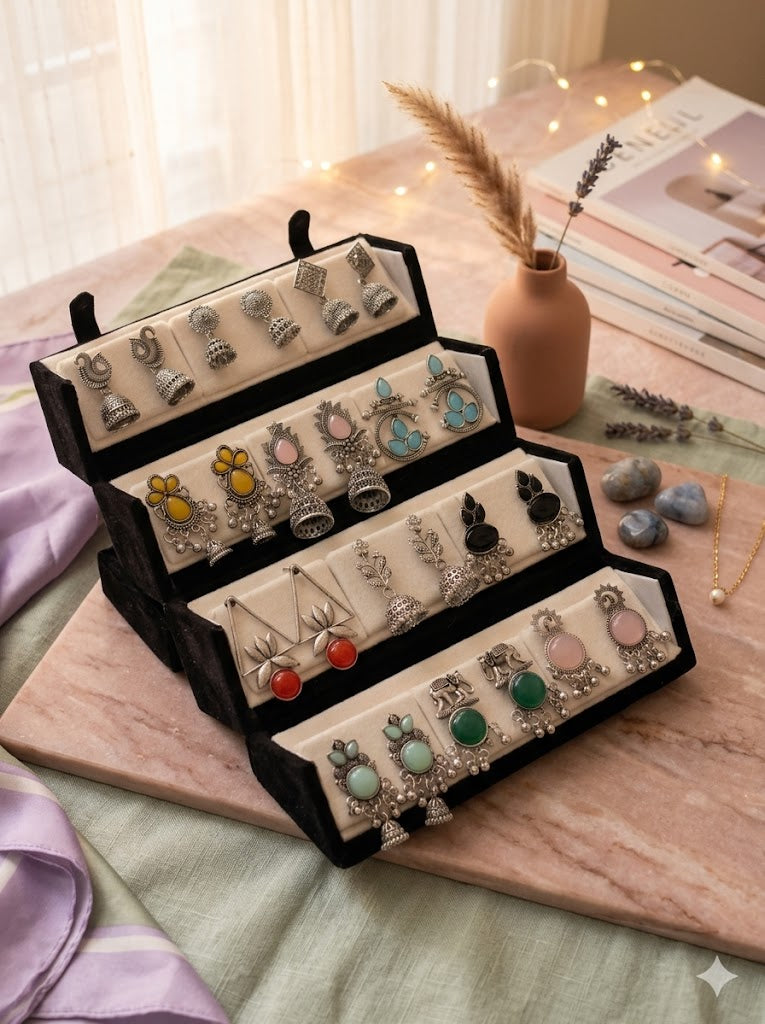12 Pairs Artificial Earrings Combo Box for Women | Stylish Party, Wedding & Daily Wear Earrings Set