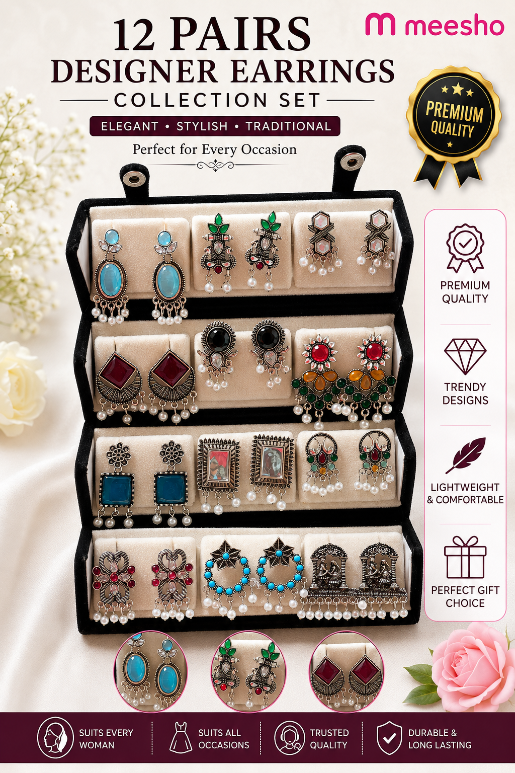 EliteKartz Premium 12 Pairs Oxidised Earrings Set for Women & Girls | Traditional Designer Studs & Drop Earrings Combo Pack | Antique Silver Plated Fashion Jewellery Collection