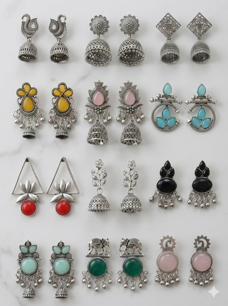 12 Pairs Artificial Earrings Combo Box for Women | Stylish Party, Wedding & Daily Wear Earrings Set