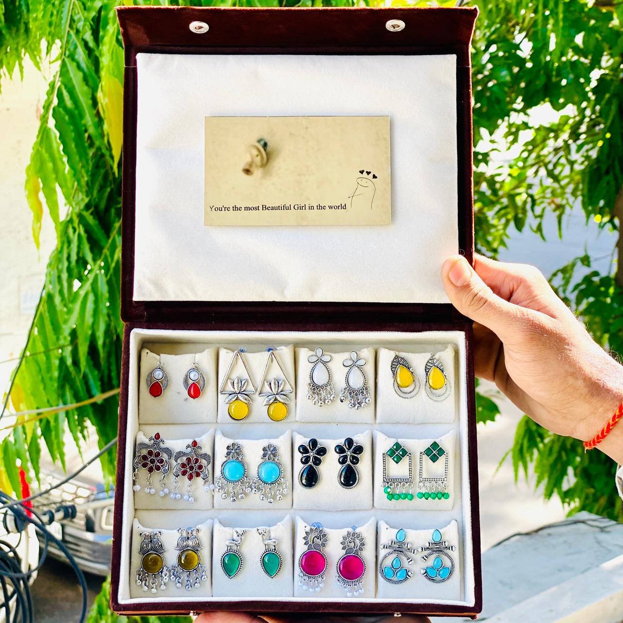 12 Pairs Oxidised Earrings Set for Women with Premium Box | Stylish Boho & Traditional Jewelry Combo | Party & Daily Wear