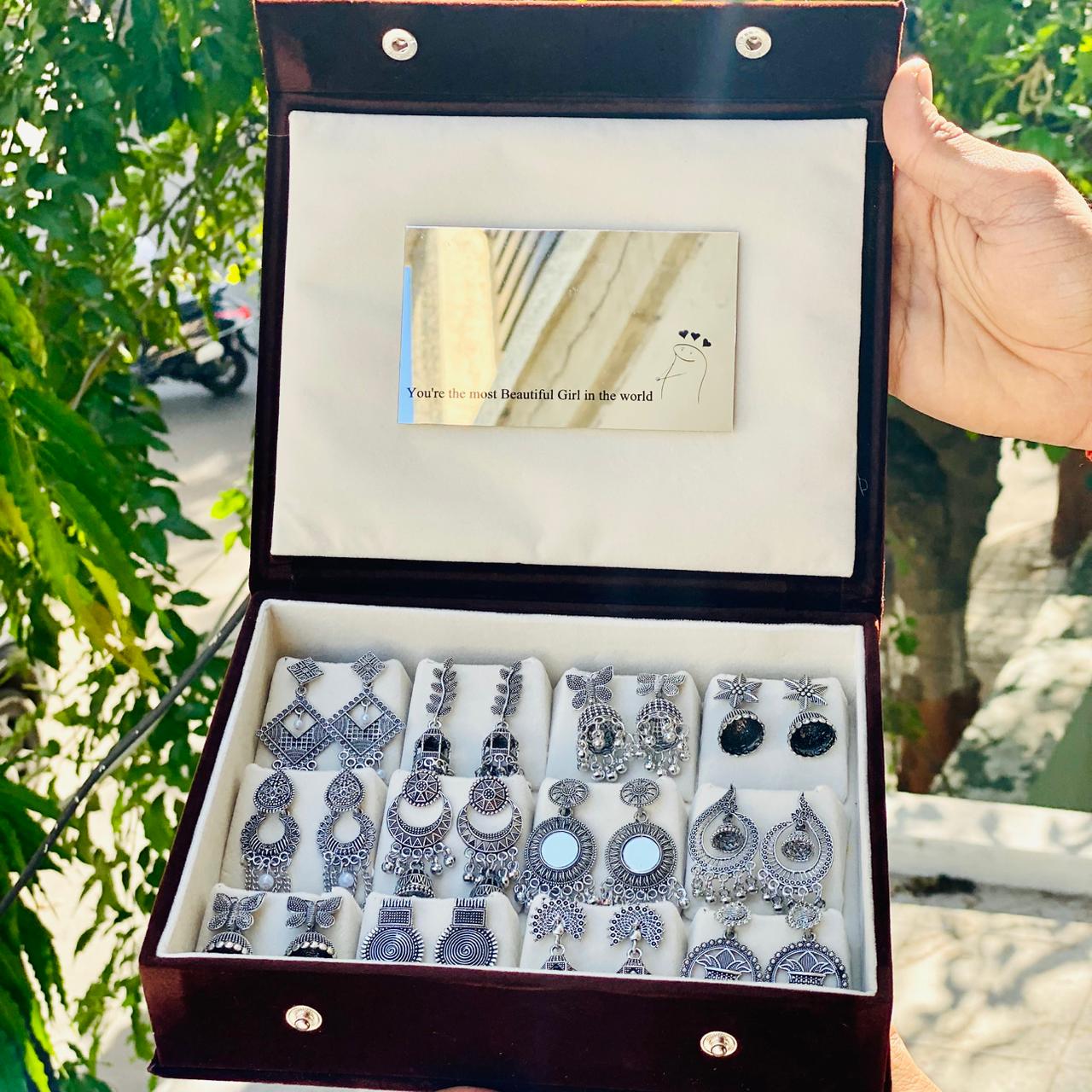 12 Pairs Oxidised Earrings Set for Women with Premium Box | Stylish Boho & Traditional Jewelry Combo | Party & Daily Wear
