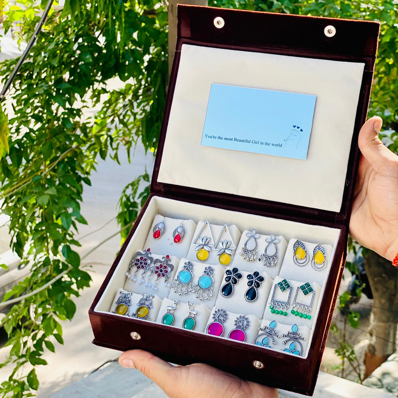 12 Pairs Oxidised Earrings Set for Women with Premium Box | Stylish Boho & Traditional Jewelry Combo | Party & Daily Wear