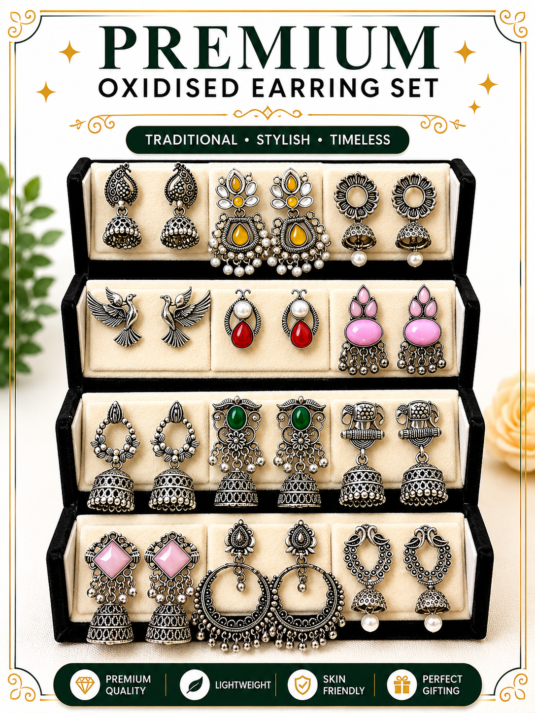 12 Pairs Artificial Earrings Combo Box for Women | Stylish Party, Wedding & Daily Wear Earrings Set
