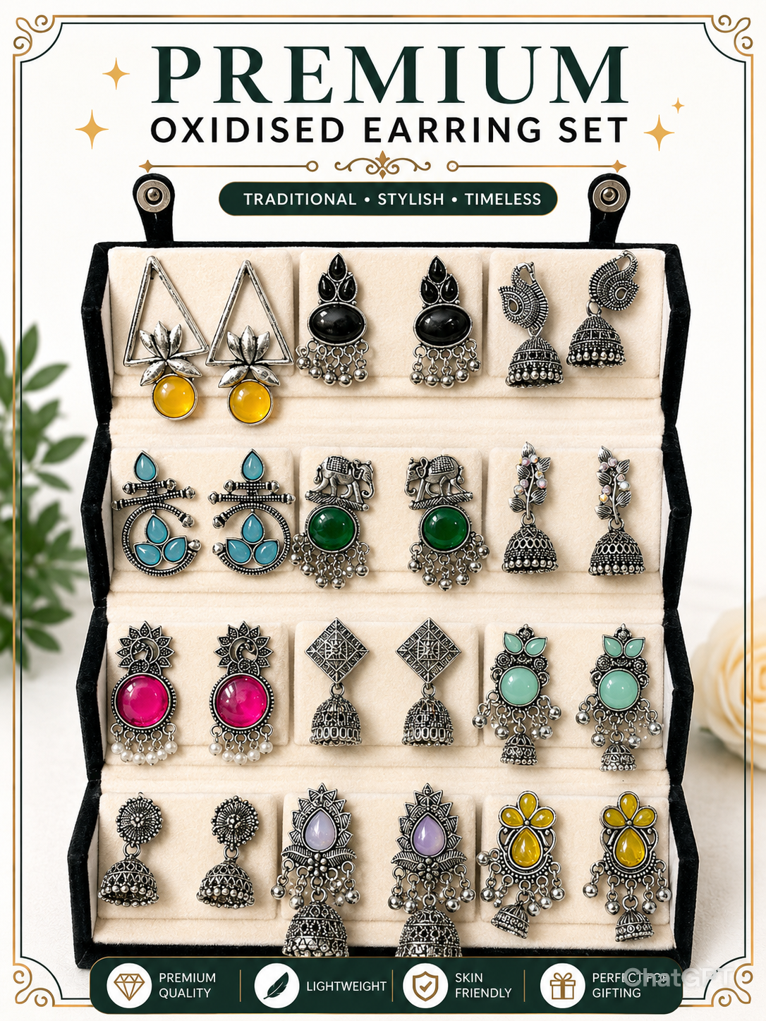 12 Pairs Artificial Earrings Combo Box for Women | Stylish Party, Wedding & Daily Wear Earrings Set