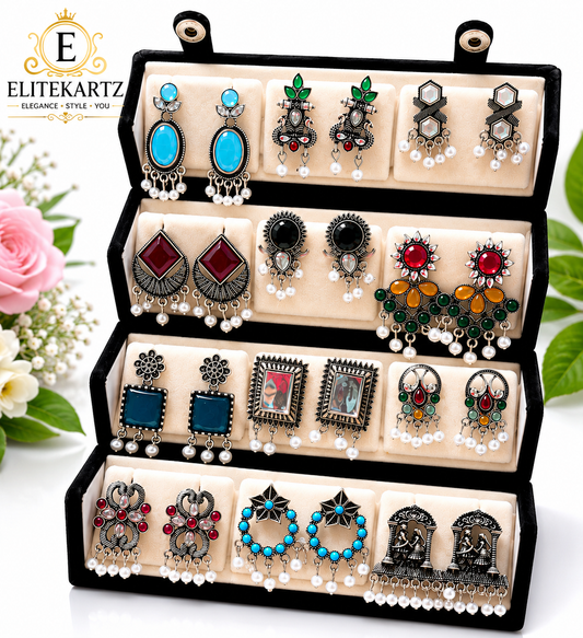 EliteKartz Premium 12 Pairs Oxidised Earrings Set for Women & Girls | Traditional Designer Studs & Drop Earrings Combo Pack | Antique Silver Plated Fashion Jewellery Collection