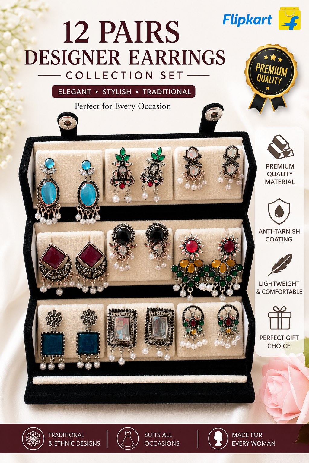 EliteKartz Premium 12 Pairs Oxidised Earrings Set for Women & Girls | Traditional Designer Studs & Drop Earrings Combo Pack | Antique Silver Plated Fashion Jewellery Collection